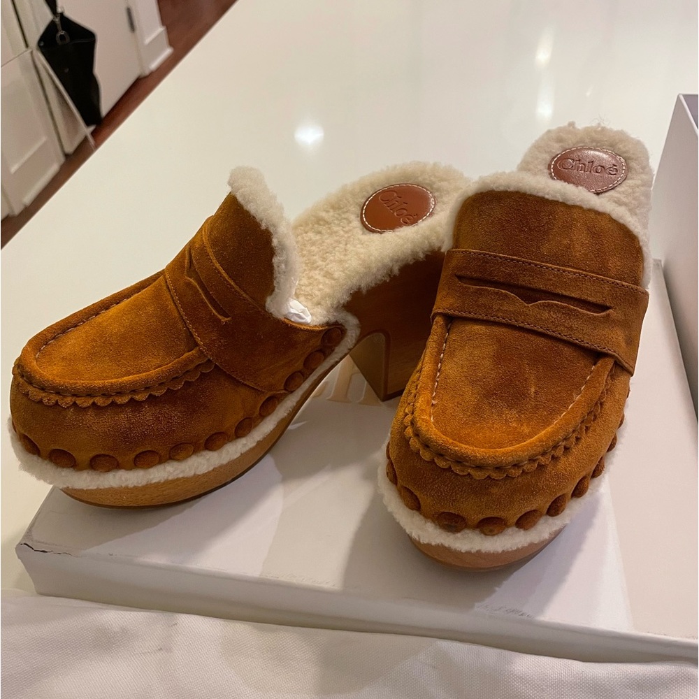 Chloé - Suede Mules with Shearling Trim